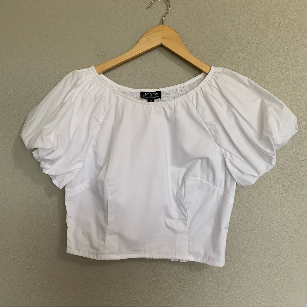 J Crew Size 10 White Cropped Fitted Puff Sleeve Blouse Top  Smocked Back NWT - Picture 3 of 17